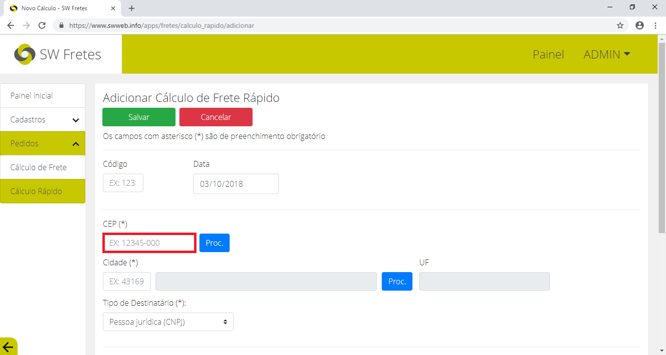 Preencher o CEP na página de Adicionar Cálculo Rápido do SW Fretes